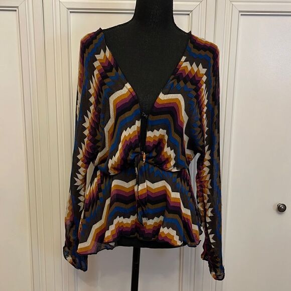 For Love & Lemons tie‎ front geometric print peplum blouse size XS - Picture 2 of 8